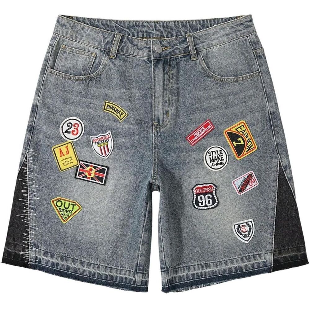 Men's Vintage Graphic Jean Shorts Letter Patched Fringe Denim Bermuda Shorts Str